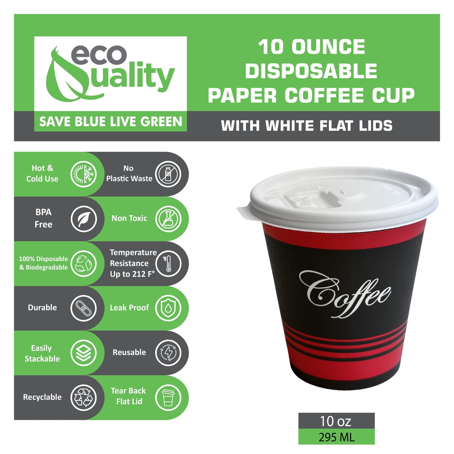 Design Disposable Paper Coffee Cups with White Flat Lids
