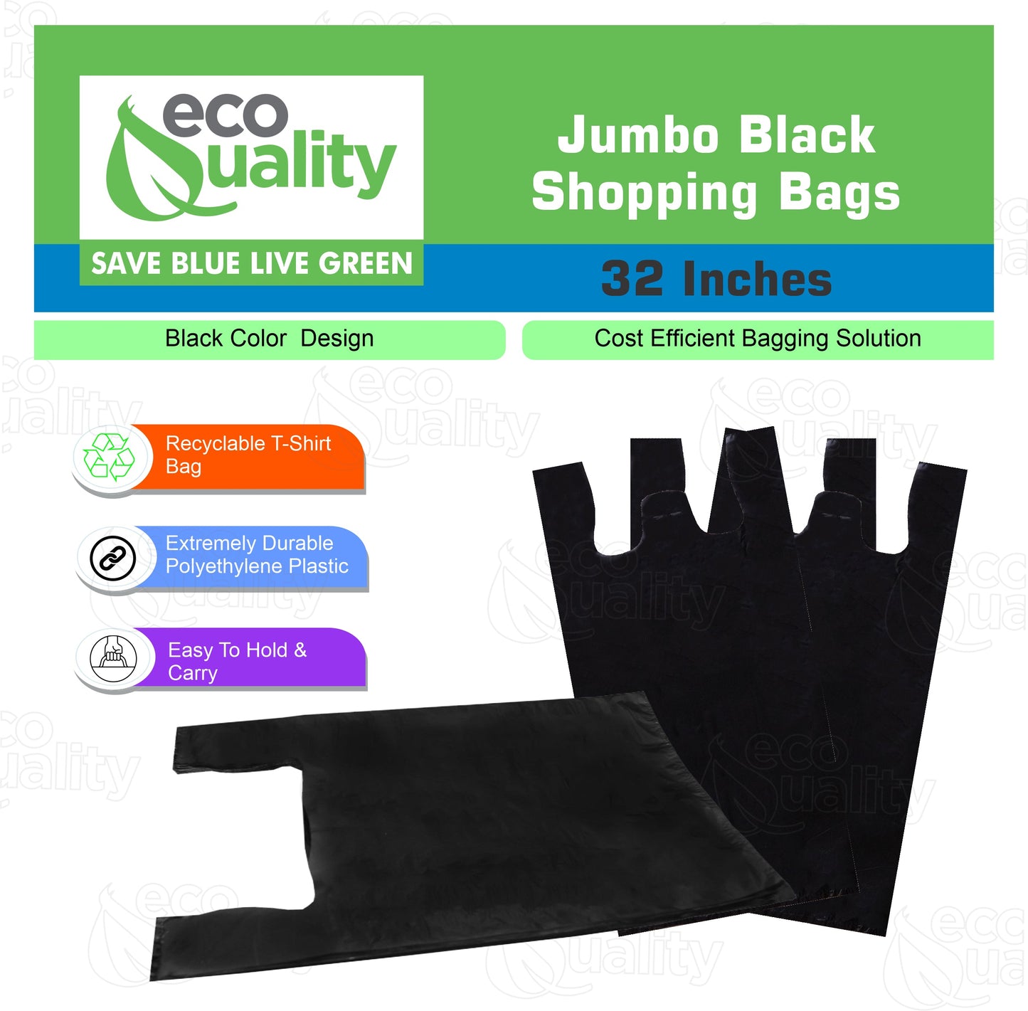 Plastic Black Jumbo Shopping Bags, Grocery Bags, Poly Bags, Multi-Use, Jumbo Size, Reusable Carry Out Bags (18x8x32 in.) (13 Micron) (100)