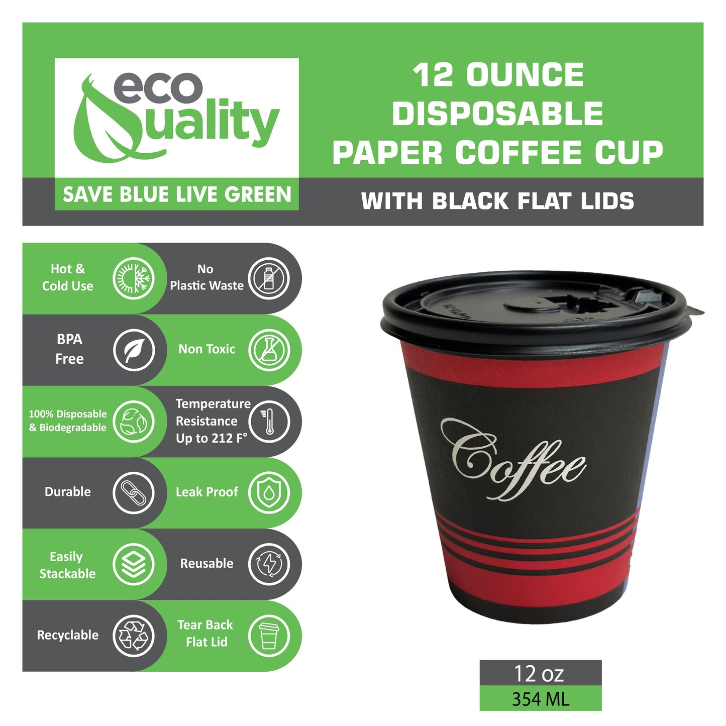 Black & Red Design Disposable Paper Coffee Cups with Black Flat Lids