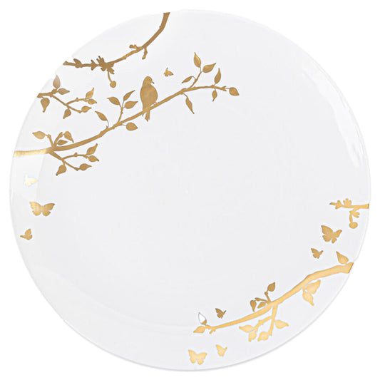 10" Disposable Fancy White Plastic Dinner Plates Gold Spring Collection