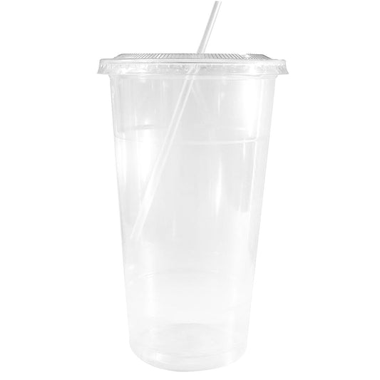 32oz Disposable Pet Clear Plastic Smoothie Cups with Clear Flat Lids with White Straws