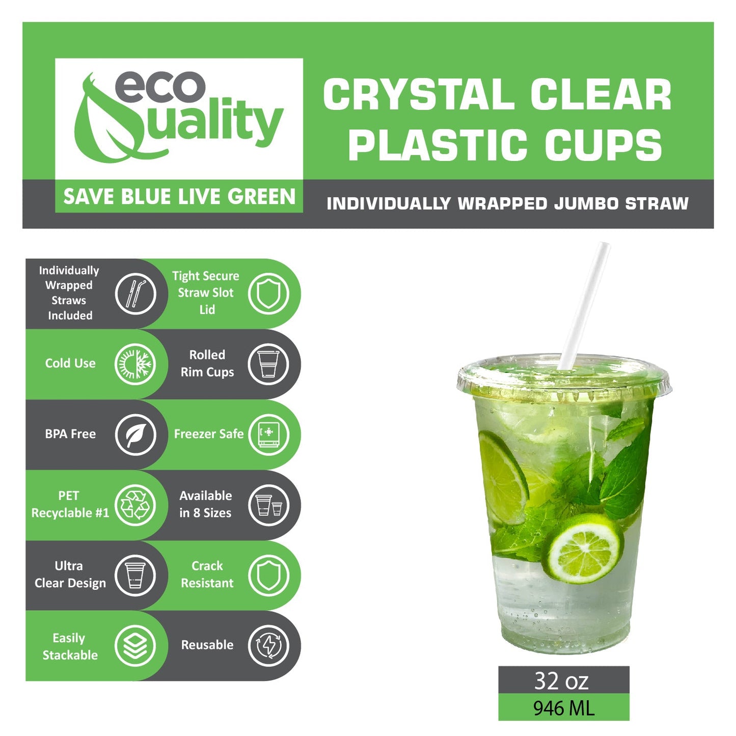 32oz Disposable Pet Clear Plastic Smoothie Cups with Clear Flat Lids with White Straws
