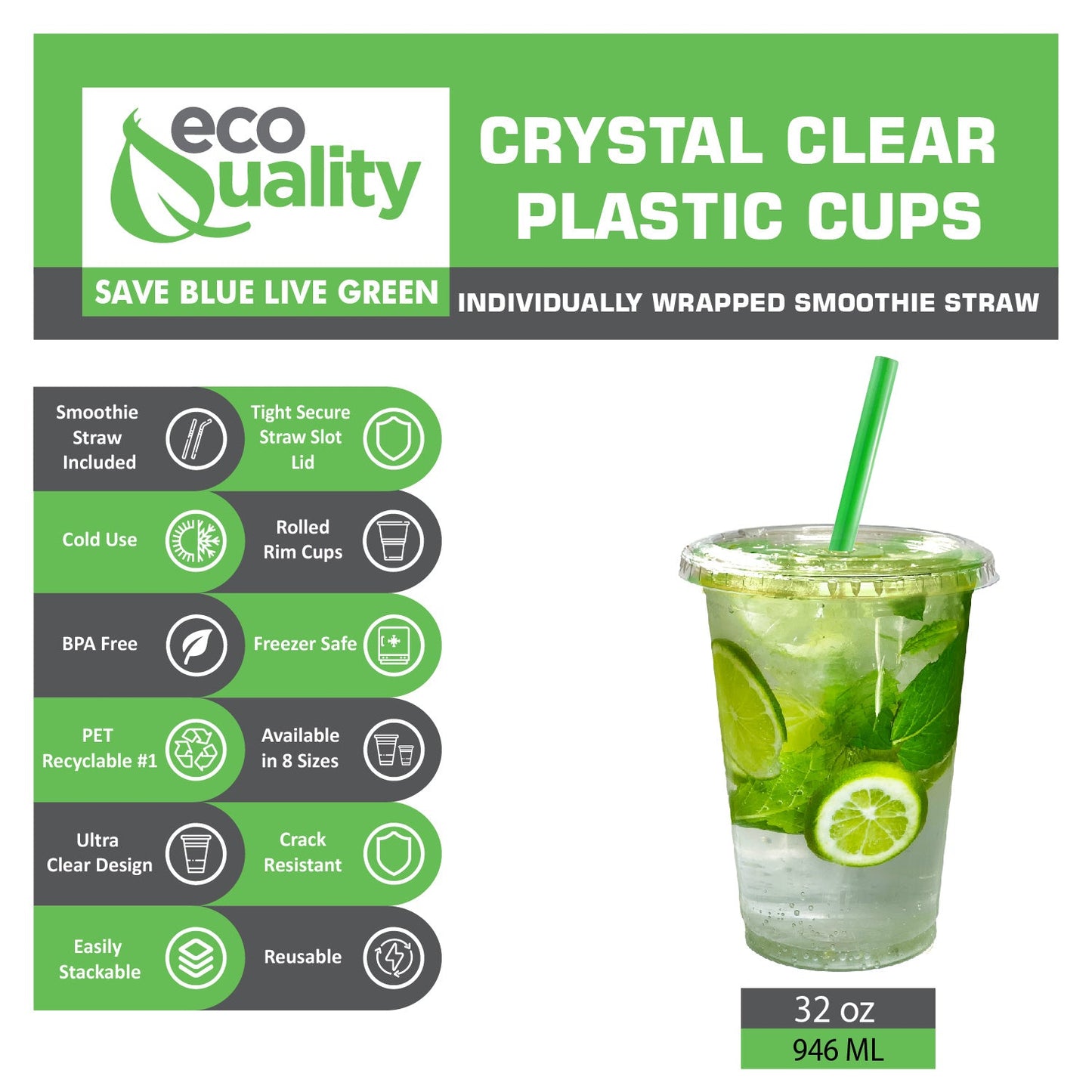 32oz Disposable Pet Clear Plastic Smoothie Cups with Clear Flat Lids with Color Straws