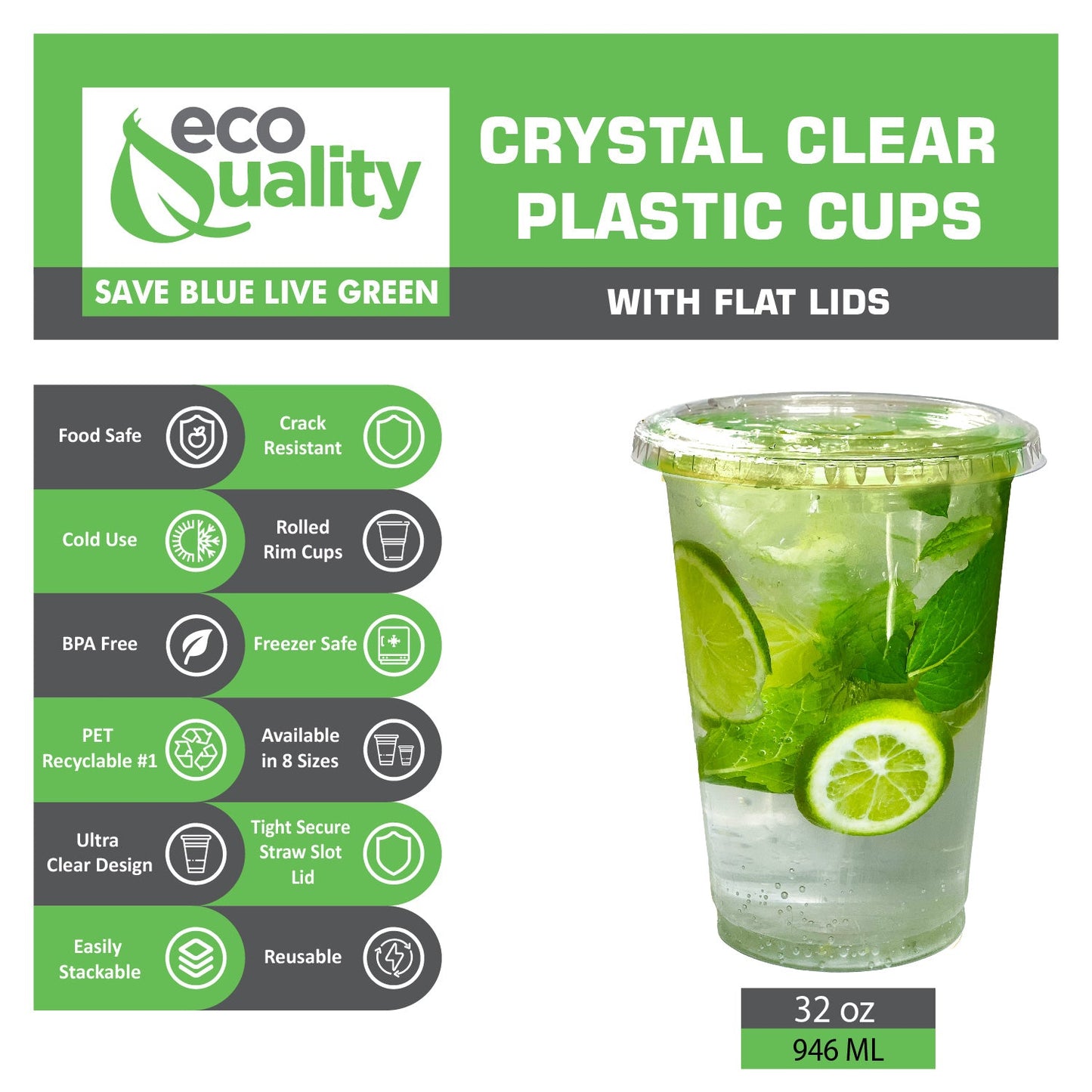 32oz Disposable Pet Clear Plastic Smoothie Cups with Clear Flat Lids
