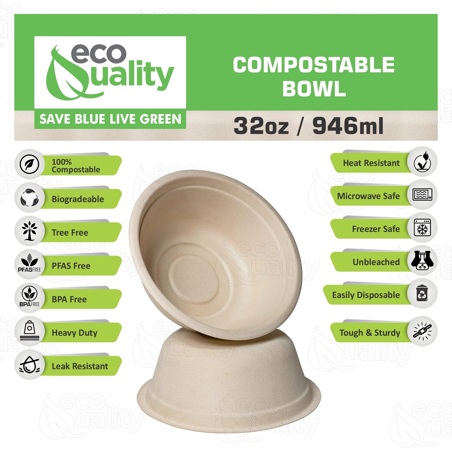 Compostable Heavy Duty Disposable Bowls, Eco Friendly, Natural Bagasse Unbleached Bamboo, Biodegradable, Tree Free, Heat & Liquid Resistant Bowl