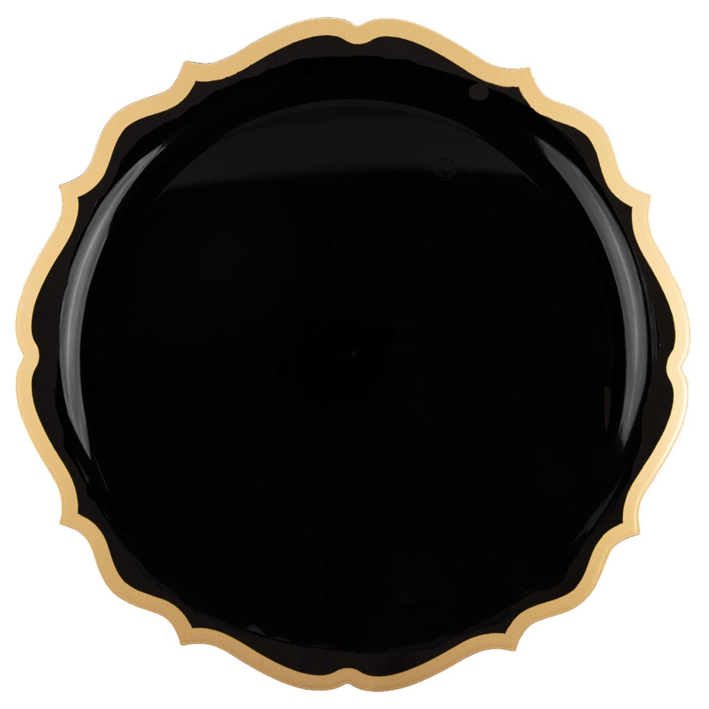 10.5" Disposable Fancy Black Plastic Dinner Plates Gold Rim Contemporary Collection
