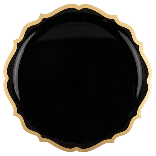 10.5" Disposable Fancy Black Plastic Dinner Plates Gold Rim Contemporary Collection
