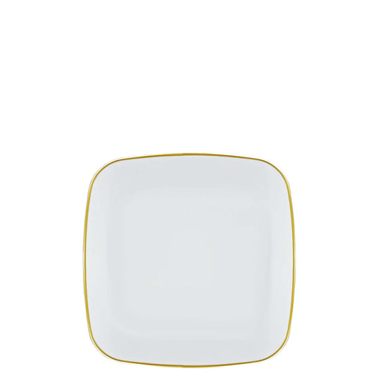6" Disposable Fancy Square White Plastic Dessert Plates Gold Rim Organic Collection