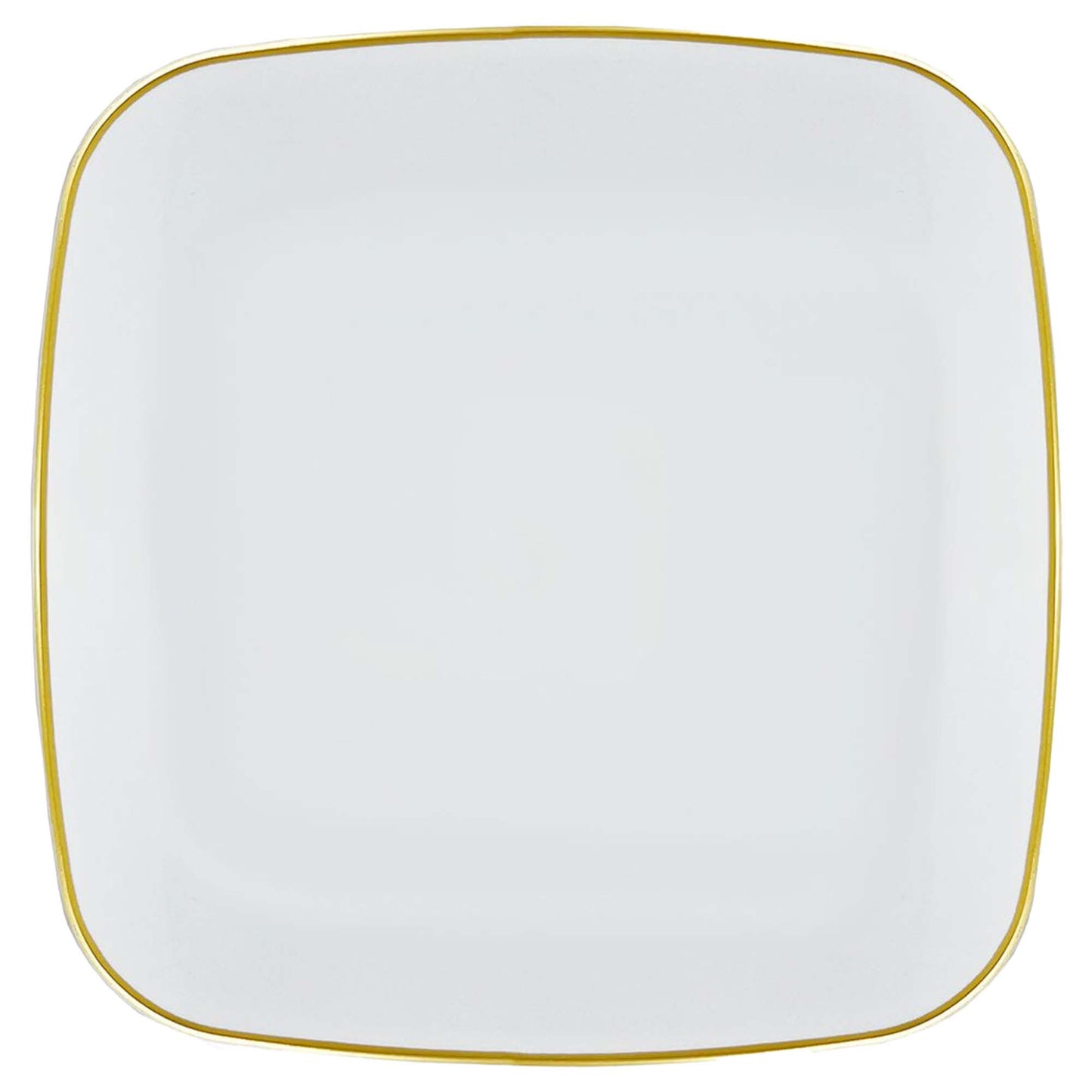 10" Disposable Fancy Square White Plastic Dinner Plates Gold Rim Organic Collection