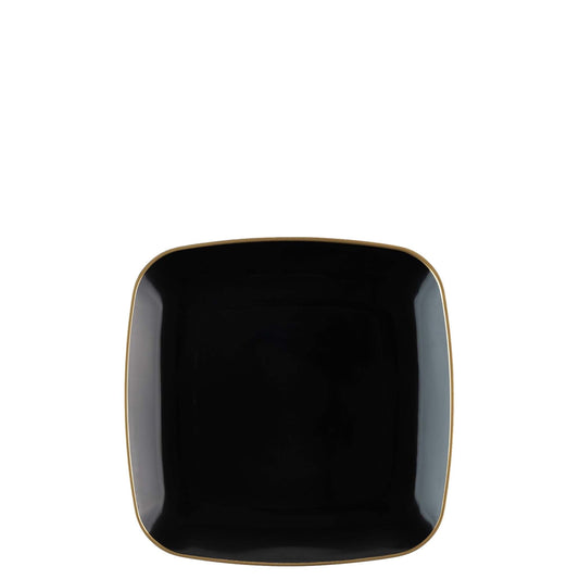 6" Disposable Fancy Square Black Plastic Dessert Plates Gold Rim Organic Collection