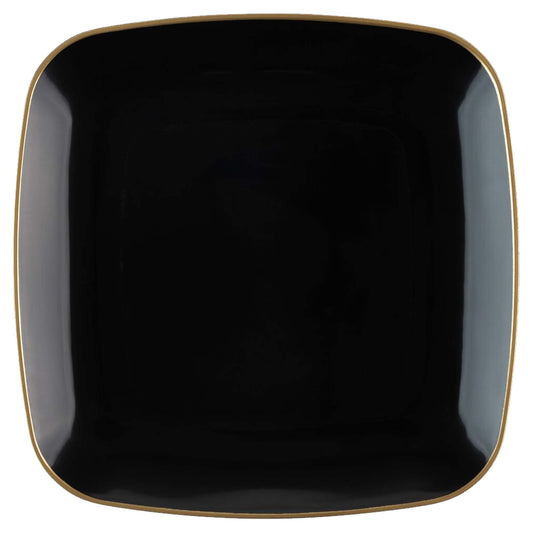 10" Disposable Fancy Square Black Plastic Dinner Plates Gold Rim Organic Collection