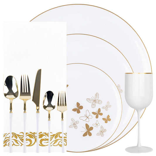 Plastic Tableware White Gold Butterfly Collection Dinner Party Set