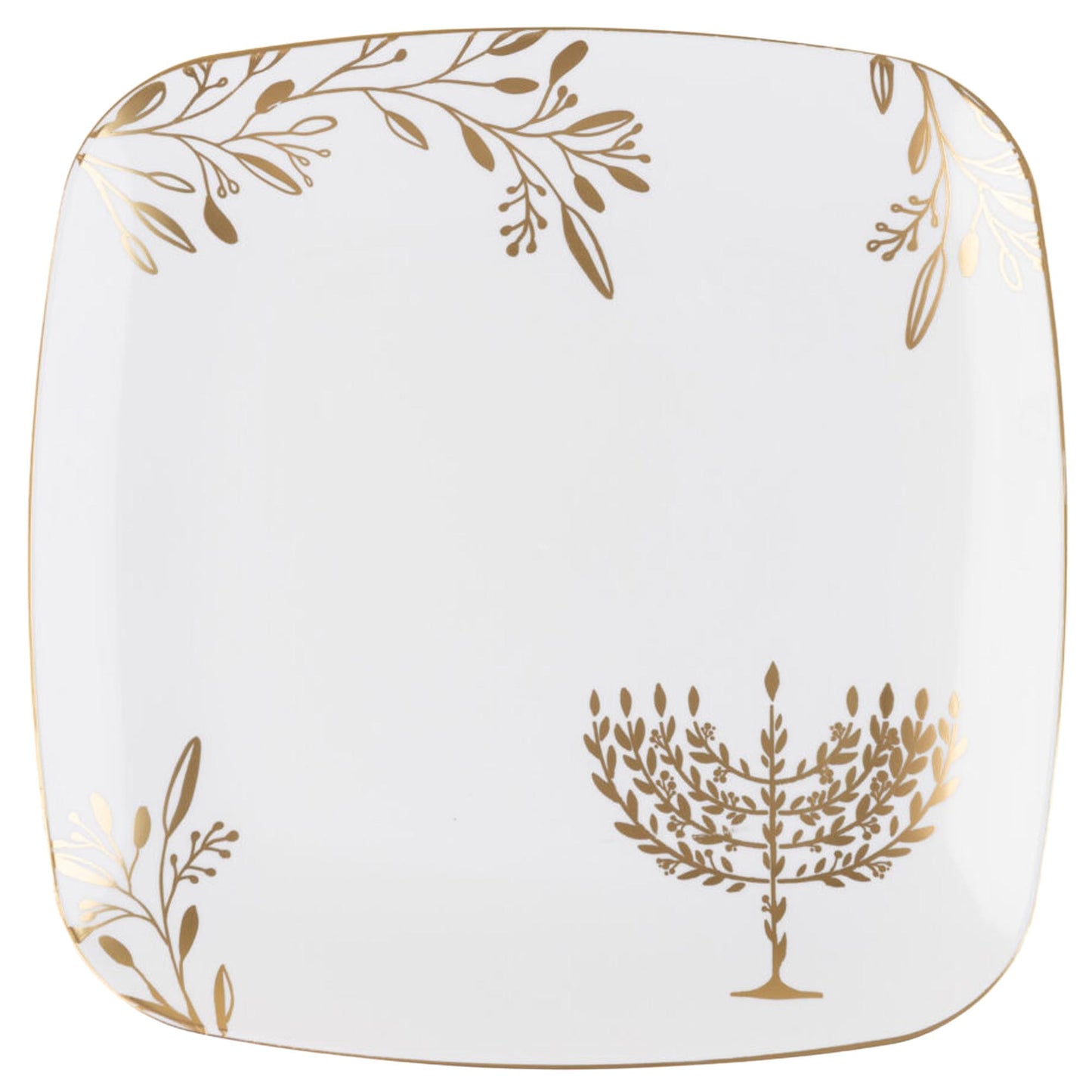 10" Disposable Fancy Square Chanukah White Gold Plastic Dinner Plates Hanukkah Collection
