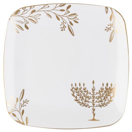 10" Disposable Fancy Square Chanukah White Gold Plastic Dinner Plates Hanukkah Collection
