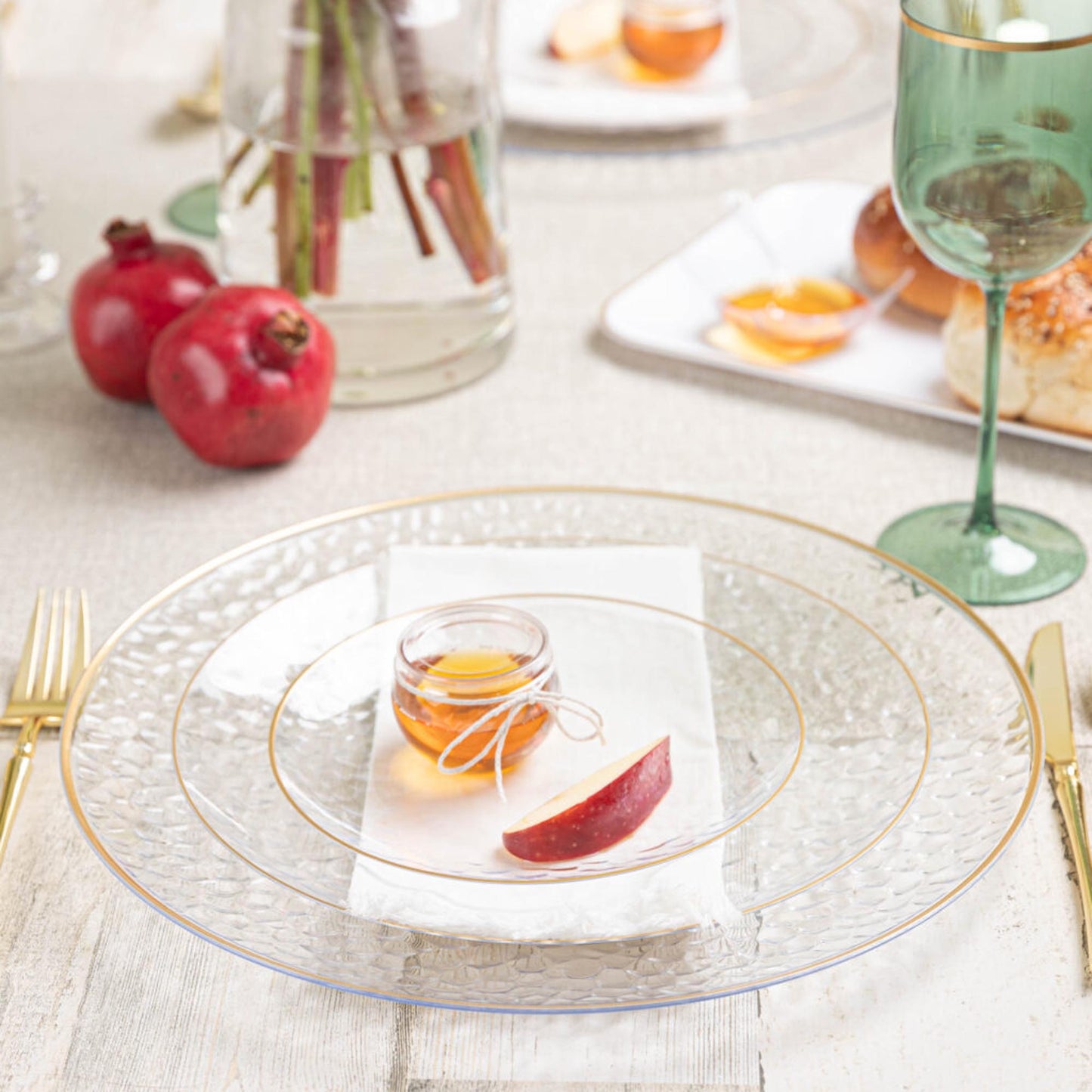 Plastic Tableware Clear Plate Gold Rim Hammered Transparent Organic Collection Dinner Party Set