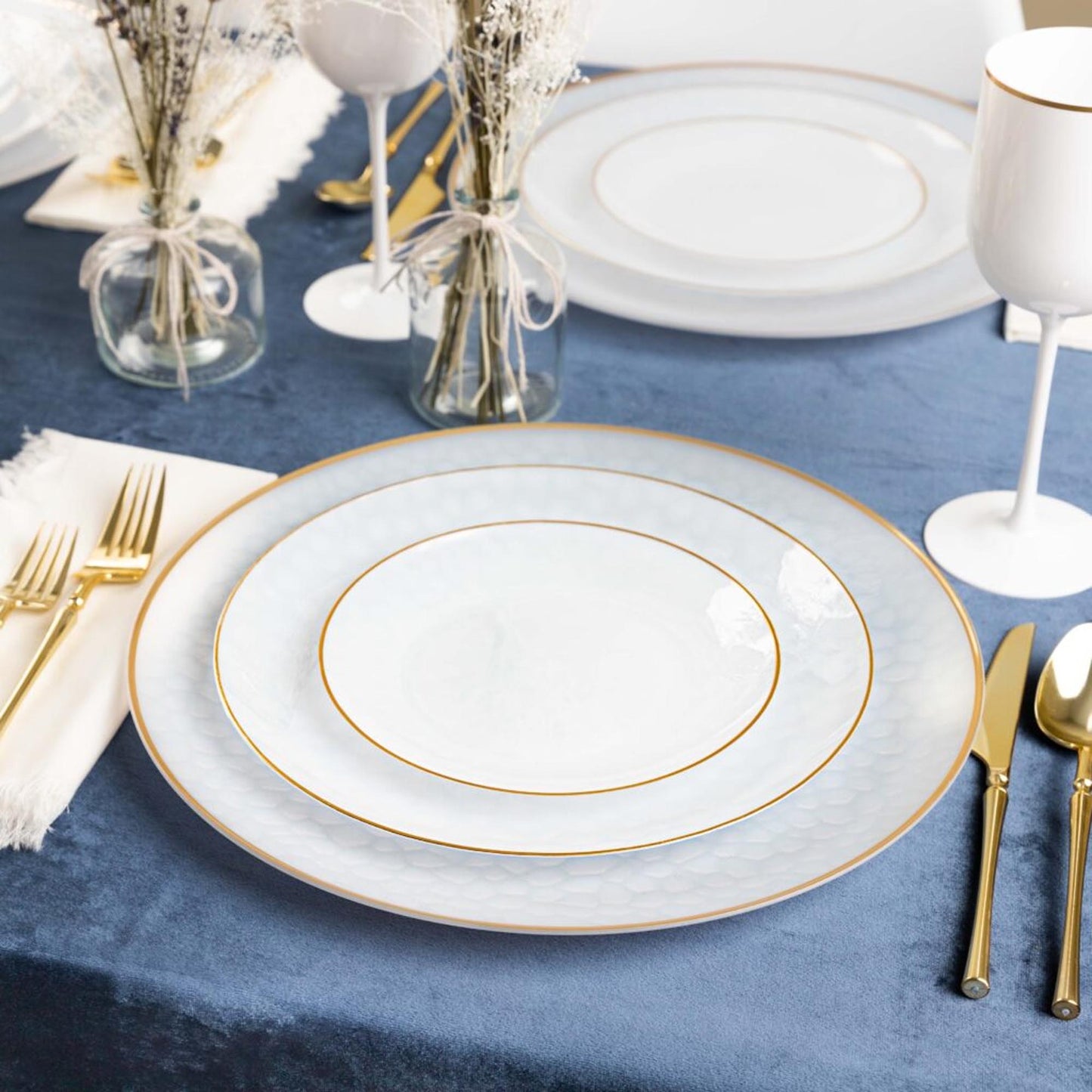 Plastic Tableware White Plates Gold Rim Hammered Transparent Organic Collection Dinner Party Set