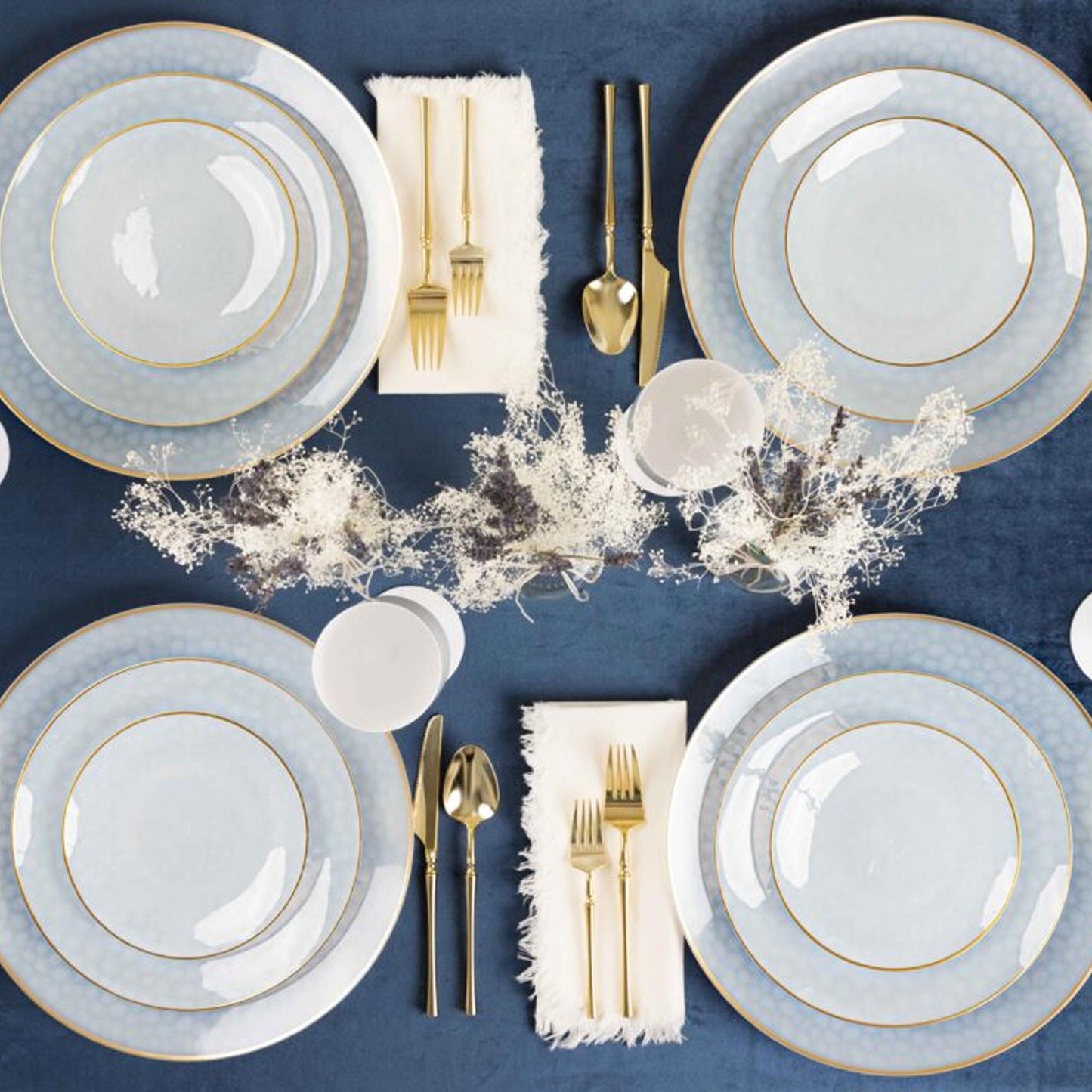 Plastic Tableware White Plates Gold Rim Hammered Transparent Organic Collection Dinner Party Set