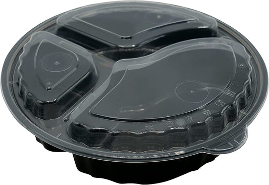 33oz 3 Compartment Round Meal Prep Containers with Lids Black, Food Storage Containers | BPA Free | Lunch Boxes Microwave/Dishwasher/Freezer Safe