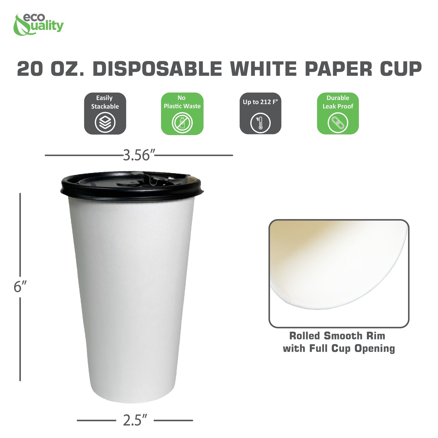 20oz Disposable White Paper Hot Cold Cups with Black Flat Lids
