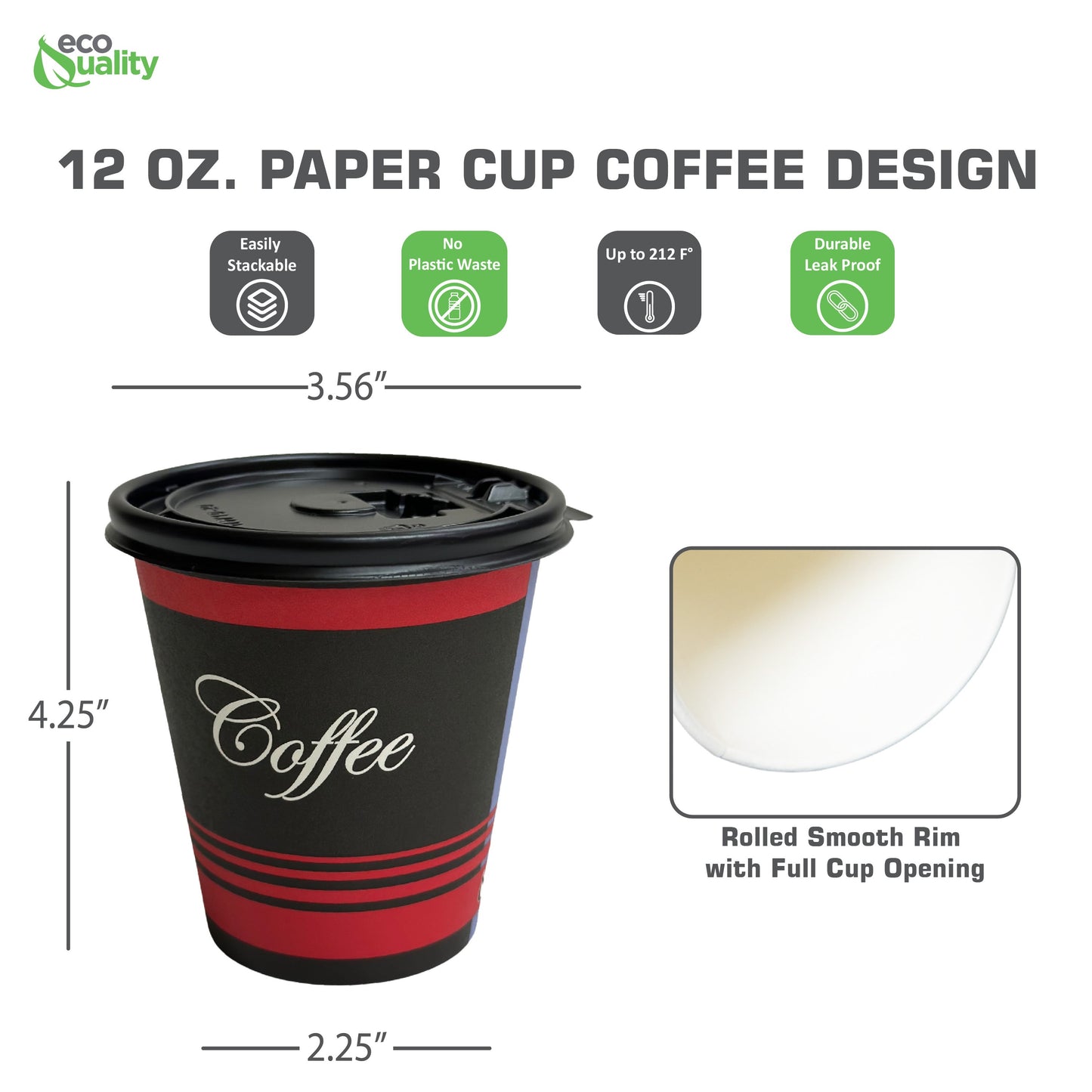 Black & Red Design Disposable Paper Coffee Cups with Black Flat Lids