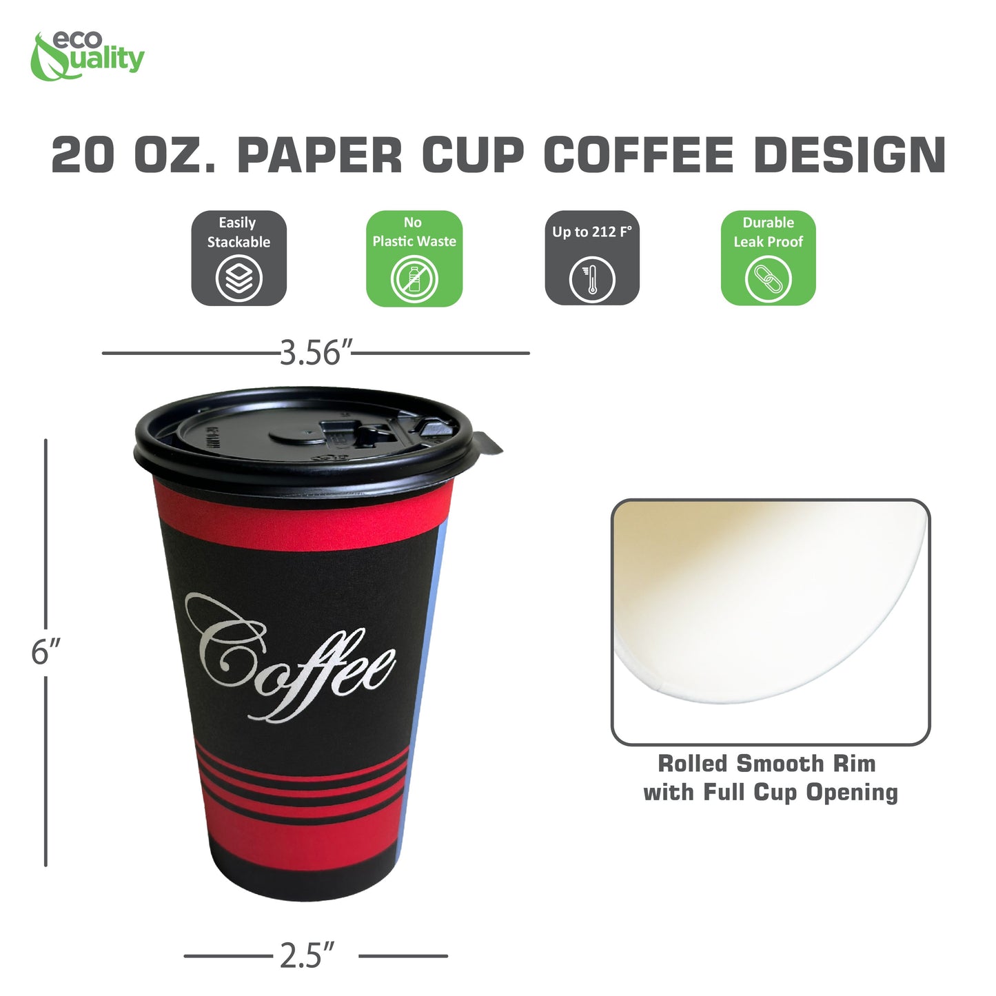 Black & Red Design Disposable Paper Coffee Cups with Black Flat Lids