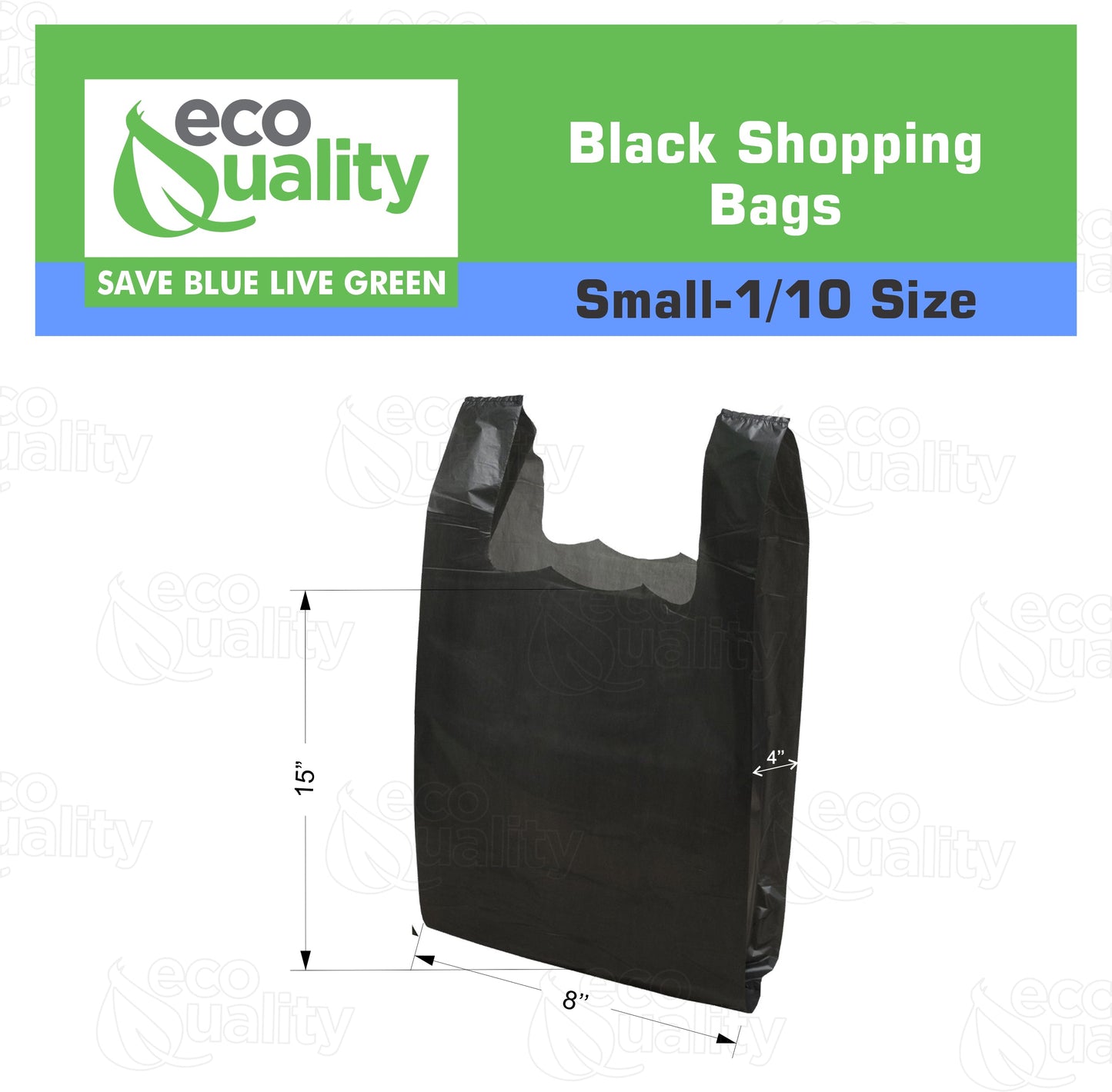 Small 1/10 Plastic Black T-Shirt Bags 8x16 inches, 13 Micron Reusable Recyclable Poly Shopping Bags