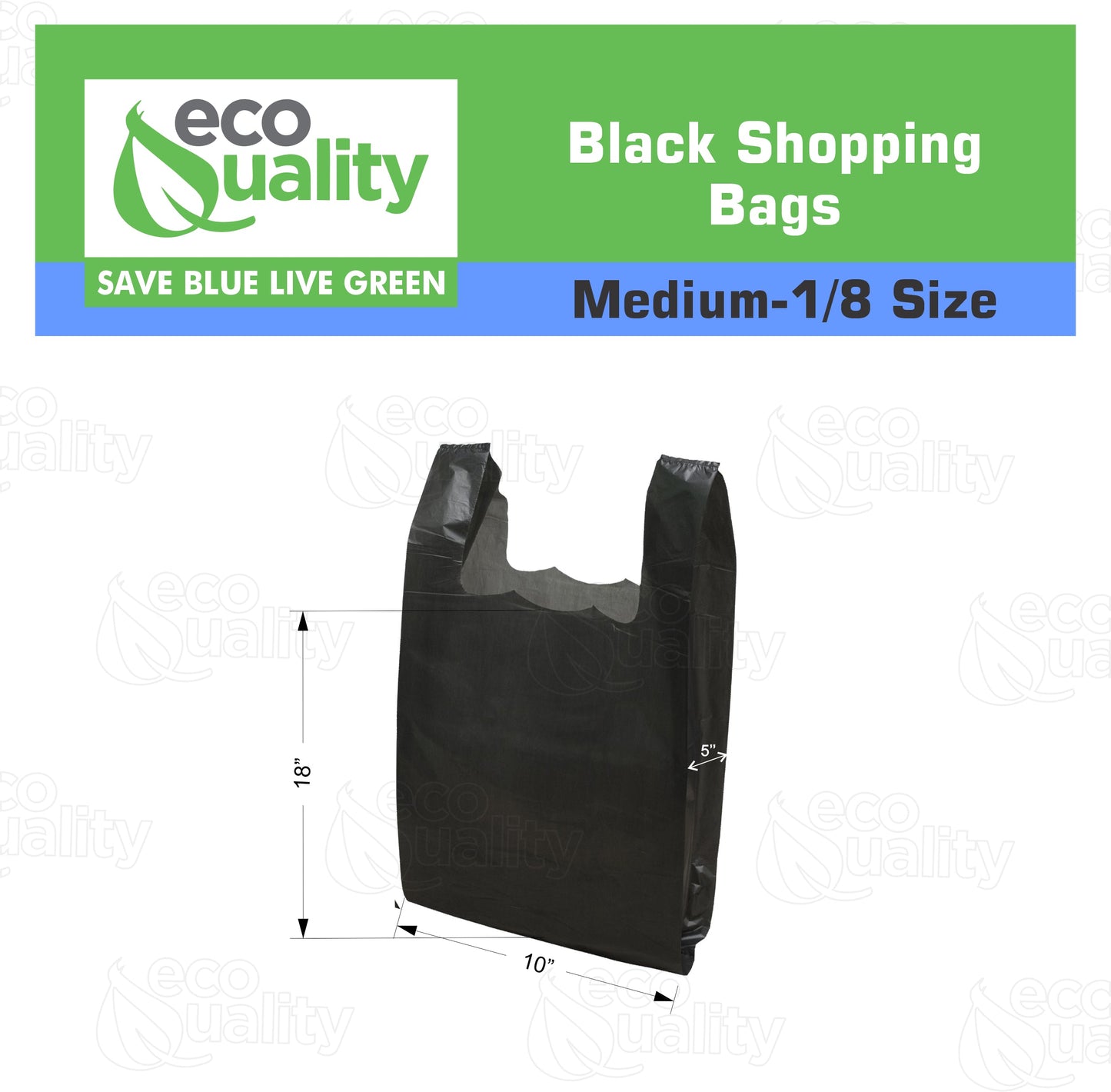 Medium 1/8 Plastic Black T-Shirt Bags 10x18 inches, 13 Micron Reusable Recyclable Poly Shopping Bags
