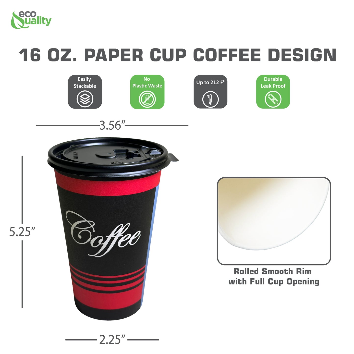 16oz Design Disposable Paper Coffee Cups with Black Flat Lids