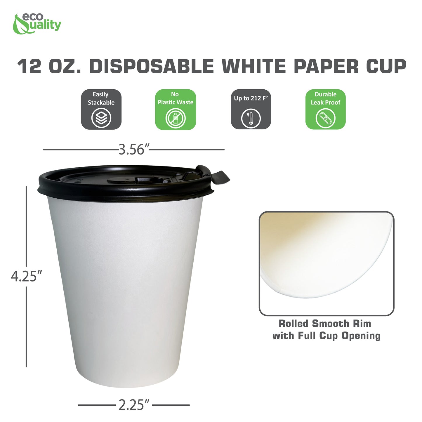 12oz Disposable White Paper Hot Cold Cups with Black Flat Lids
