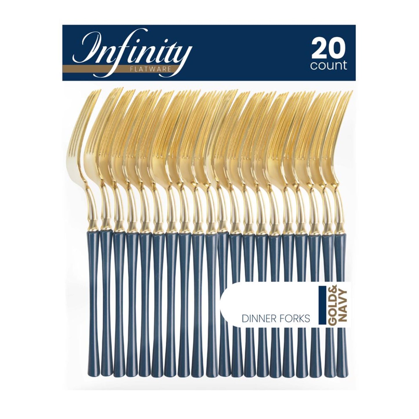 Plastic Dinner Forks Navy Blue and Gold Infinity Flatware Collection