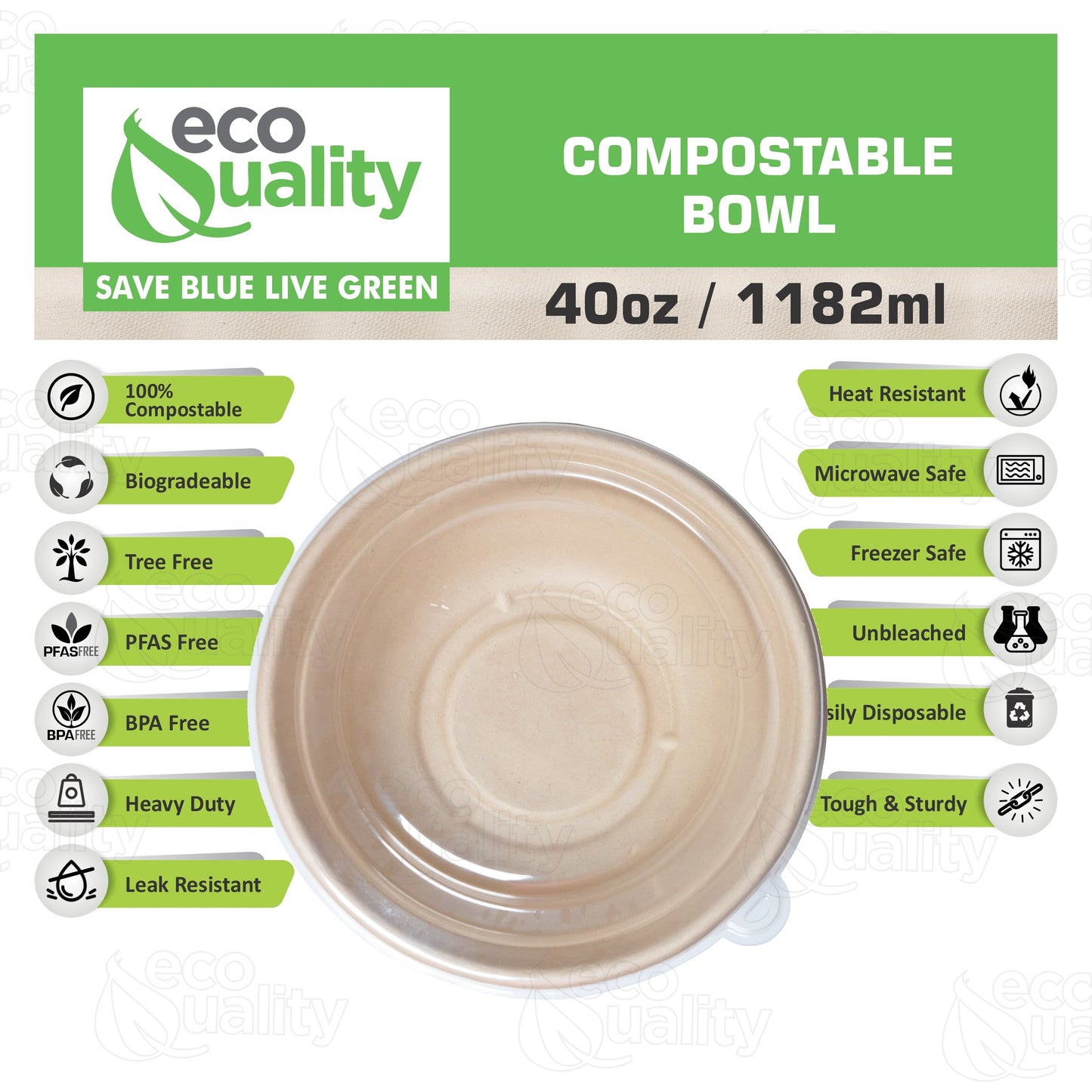 40oz Compostable Heavy Duty Disposable Bowls with Dome Lids, Ecofriendly, Bagasse Unbleached Bamboo, Biodegradable, Tree Free, Heat & Liquid Resistant Bowl