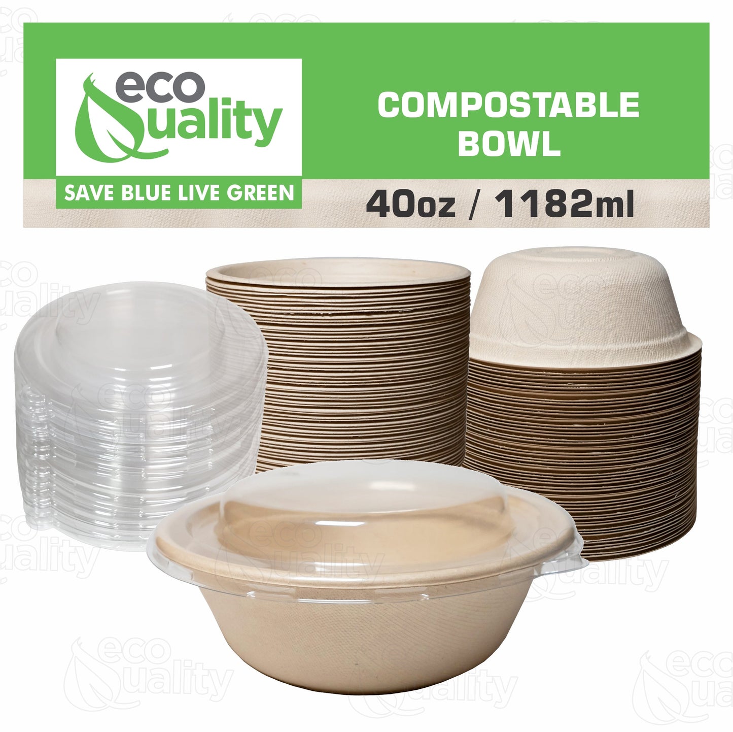 40oz Compostable Heavy Duty Disposable Bowls with Dome Lids, Ecofriendly, Bagasse Unbleached Bamboo, Biodegradable, Tree Free, Heat & Liquid Resistant Bowl