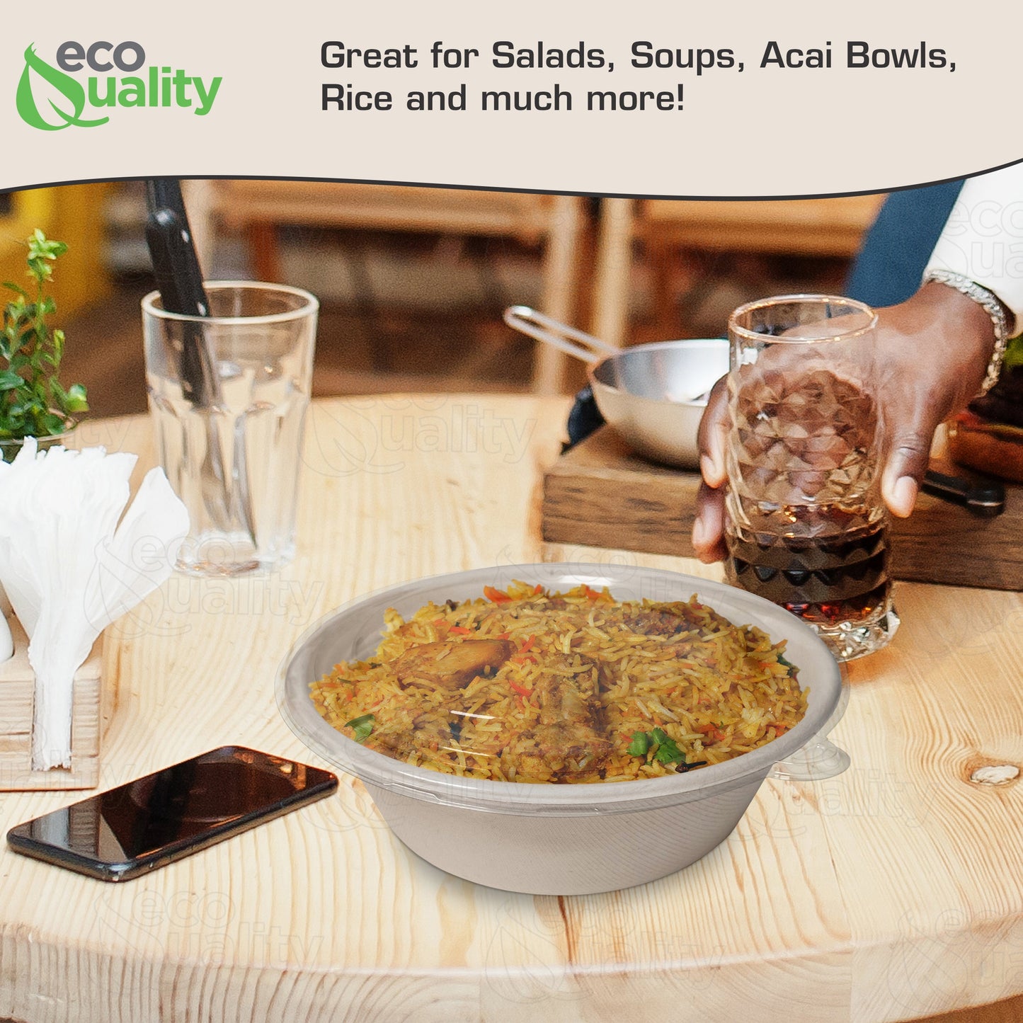 40oz Compostable Heavy Duty Disposable Bowls with Dome Lids, Ecofriendly, Bagasse Unbleached Bamboo, Biodegradable, Tree Free, Heat & Liquid Resistant Bowl