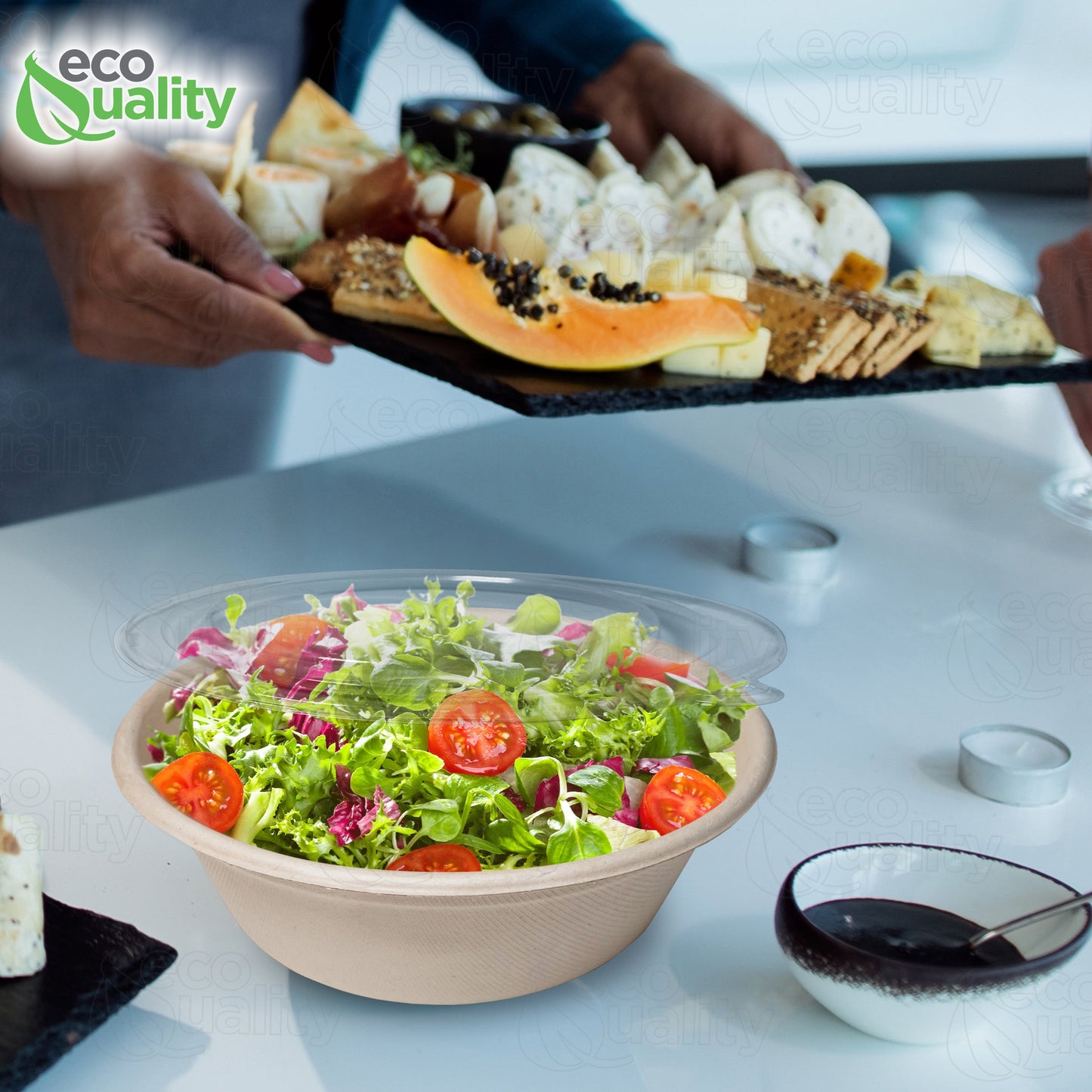 40oz Compostable Heavy Duty Disposable Bowls with Dome Lids, Ecofriendly, Bagasse Unbleached Bamboo, Biodegradable, Tree Free, Heat & Liquid Resistant Bowl
