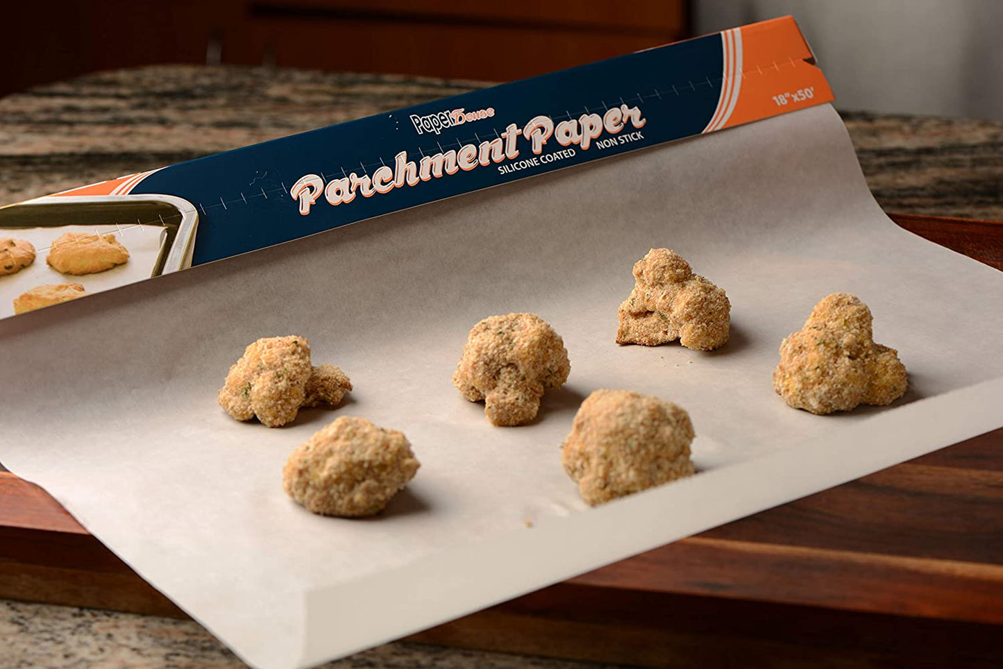 12" x 50' Premium Baking Parchment Paper, Non Stick Roll with Box Cutter household diner restaurant food truck fast food affordable bulk economical commercial wholesale roll with box cutter