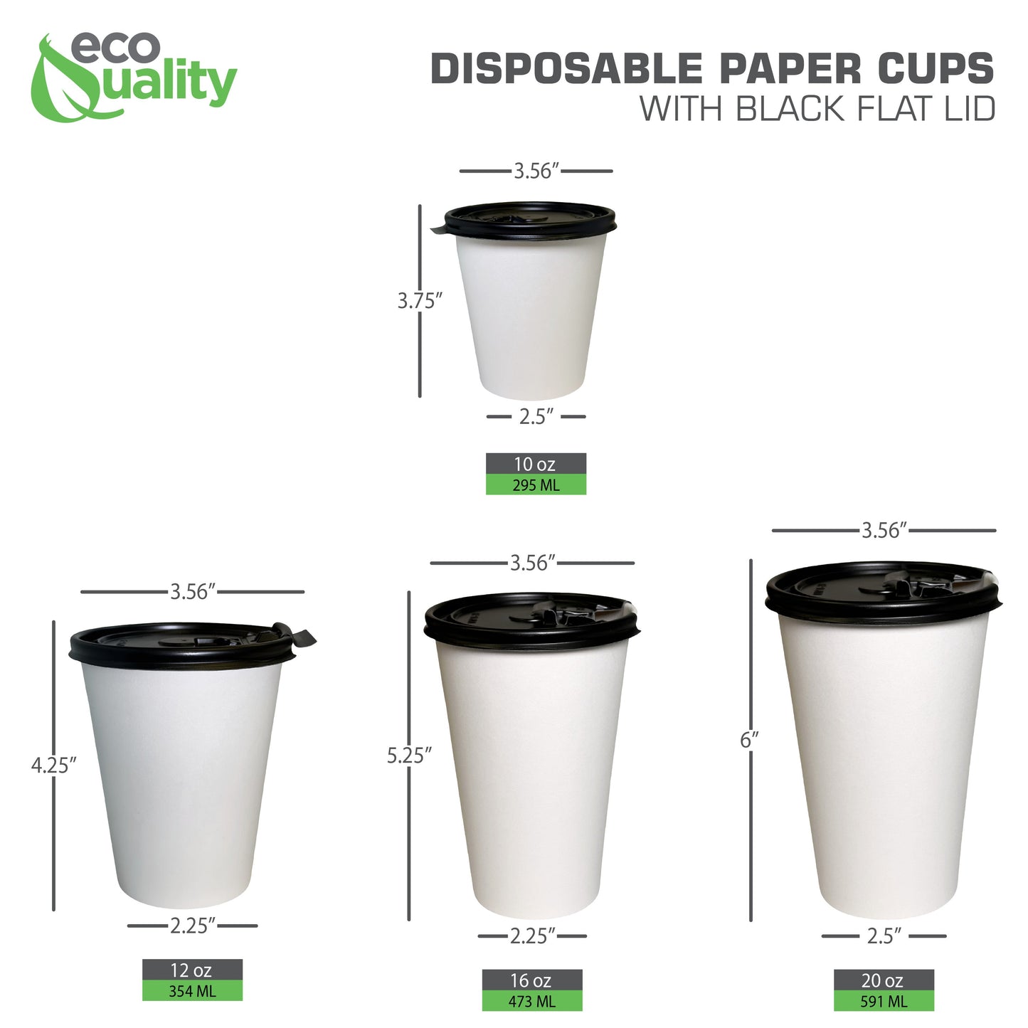 Disposable White Paper Hot Cold Cups with Black Flat Lids