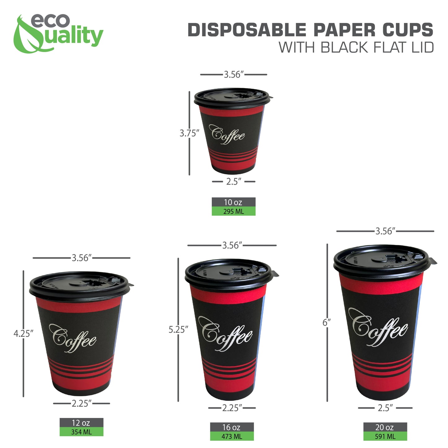12oz Design Disposable Paper Coffee Cups with Black Flat Lids