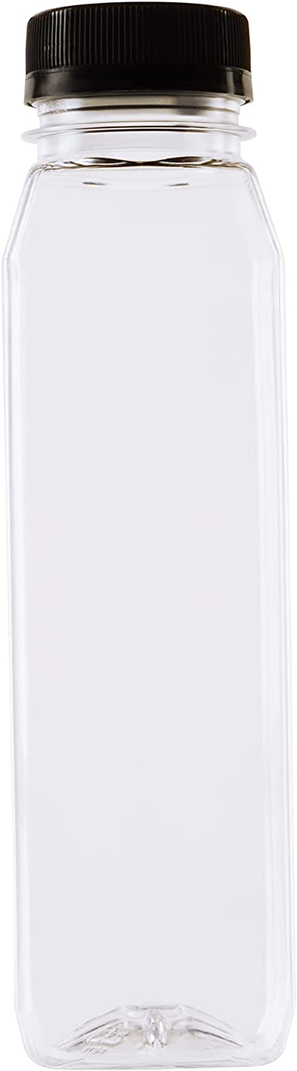 12oz Empty Clear PET Plastic Juice Bottles with Black Tamper Evident Caps - Reusable Clear Beverage Containers