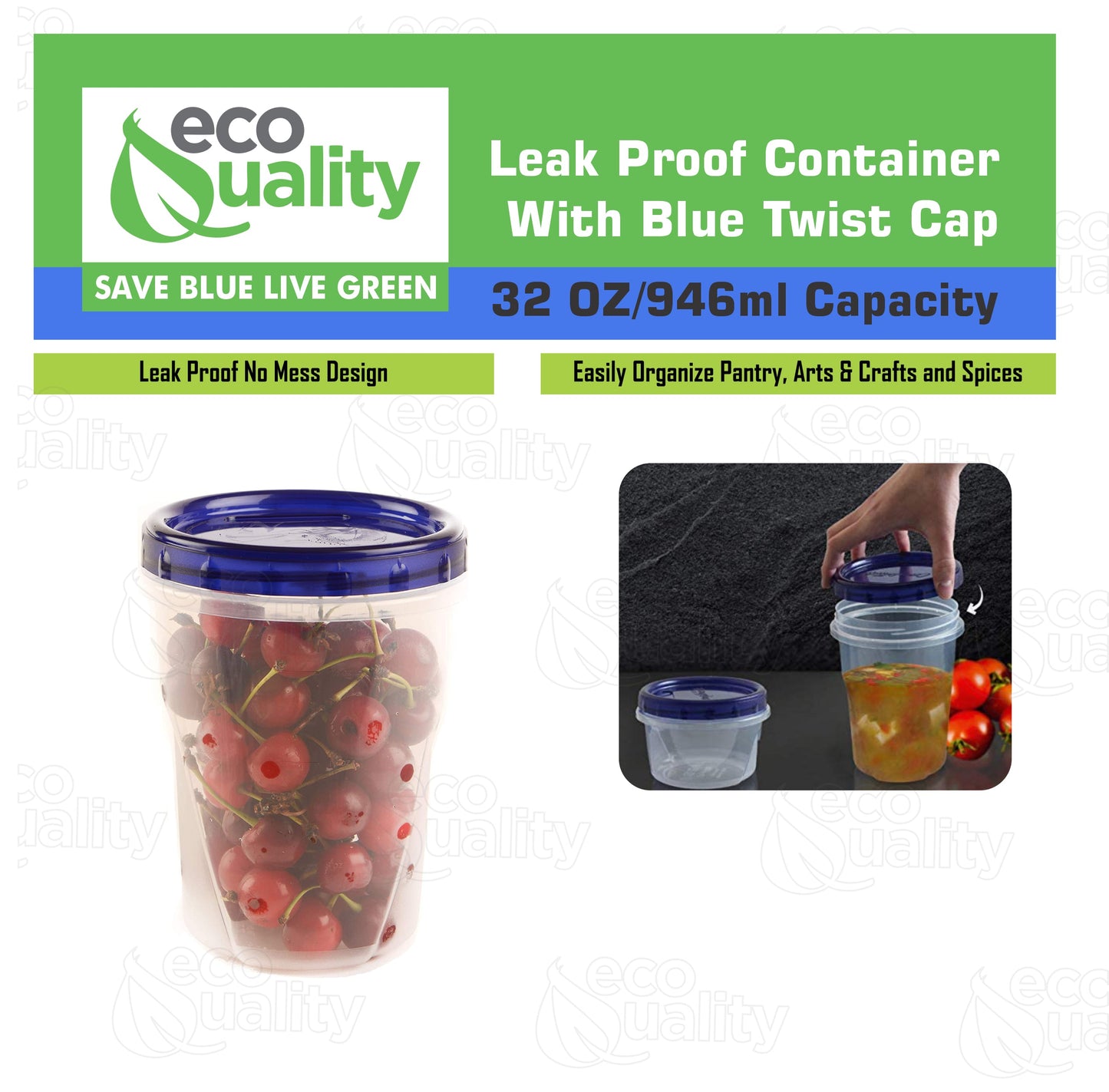 32oz Twist Top Storage Deli Containers BPA-Free, Reusable Airtight Plastic Food Storage Leak Proof Canisters