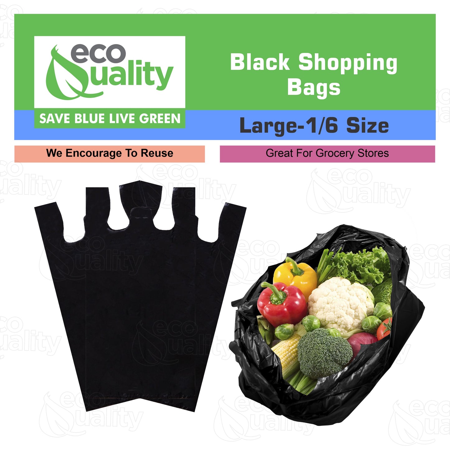 Large 1/6 Plastic Black T-Shirt Bags 11x12 inches, 13 Micron Reusable Recyclable Poly Shopping Bags