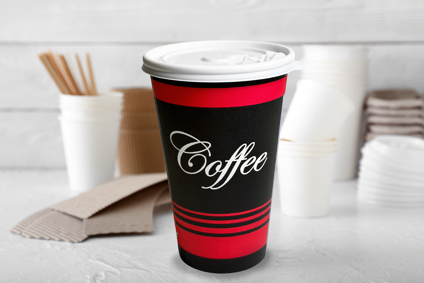 Design Disposable Paper Coffee Cups with White Flat Lids