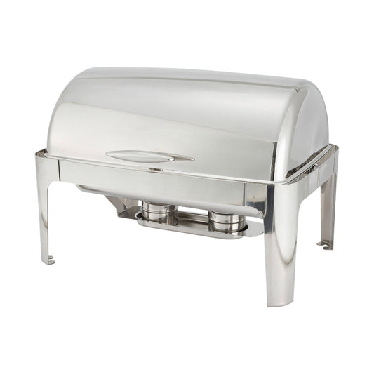 An 8 quart full size Madison heavyweight chafer consisting of a rectangular polished stainless steel chafer with roll top lid and a sturdy frame. The chafer is set up with a water pan, food pan, and fuel holders for maintaining consistent temperature and keeping food warm. The chafer is ideal for catering or large scale buffet events