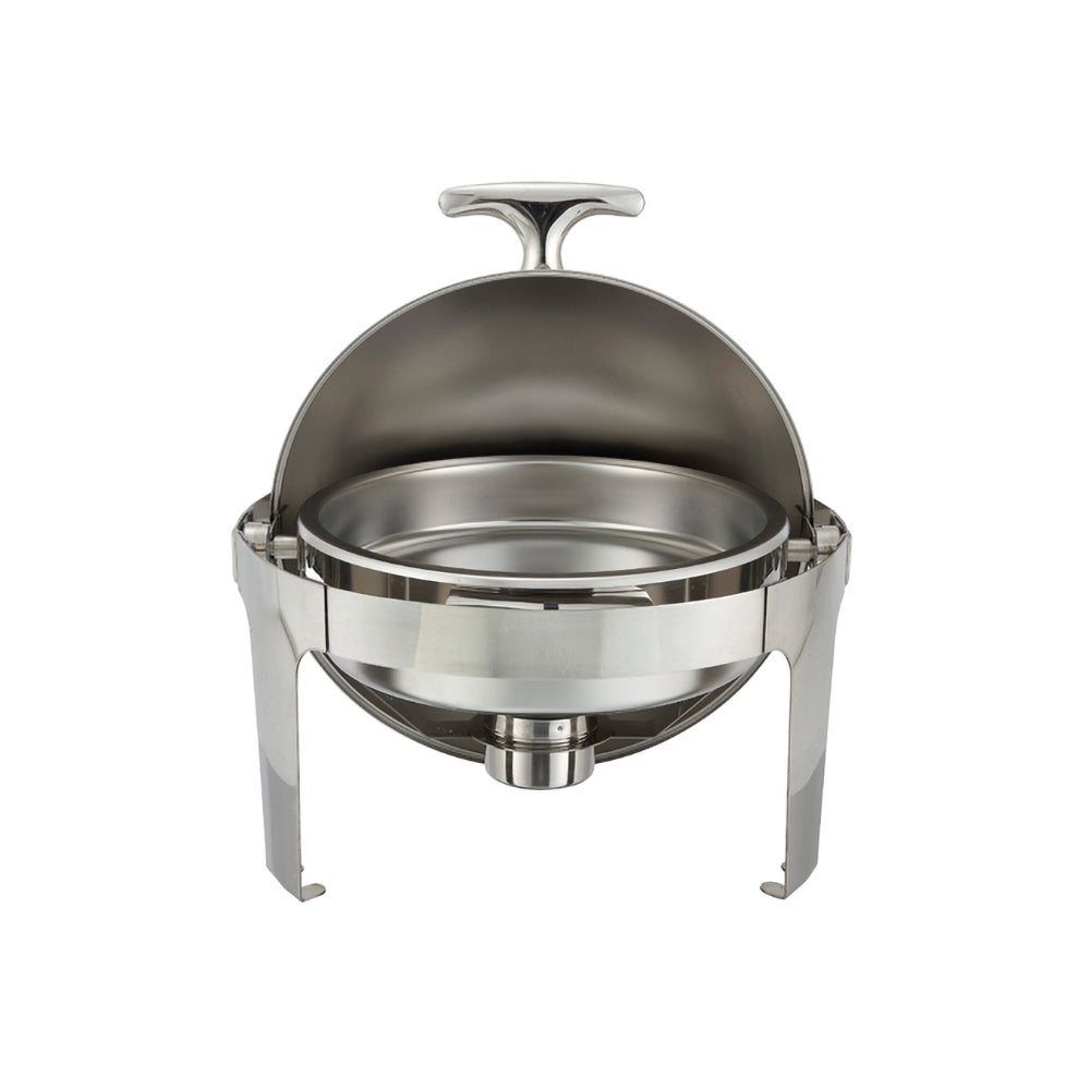 A 6 quart round Madison heavyweight chafer consisting of a round polished stainless steel chafer with roll top lid and a sturdy frame. The chafer is set up with a water pan, food pan, and fuel holder for maintaining consistent temperature and keeping food warm. The chafer is ideal for catering or large scale buffet events