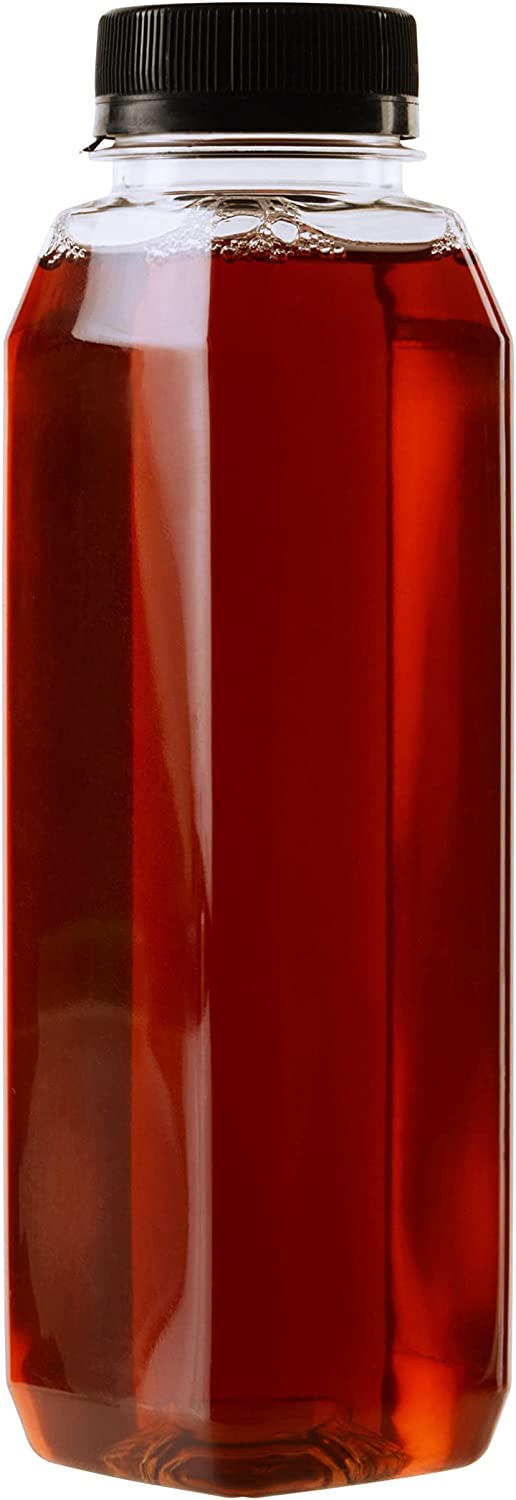 12oz Empty Clear PET Plastic Juice Bottles with Black Tamper Evident Caps - Reusable Clear Beverage Containers