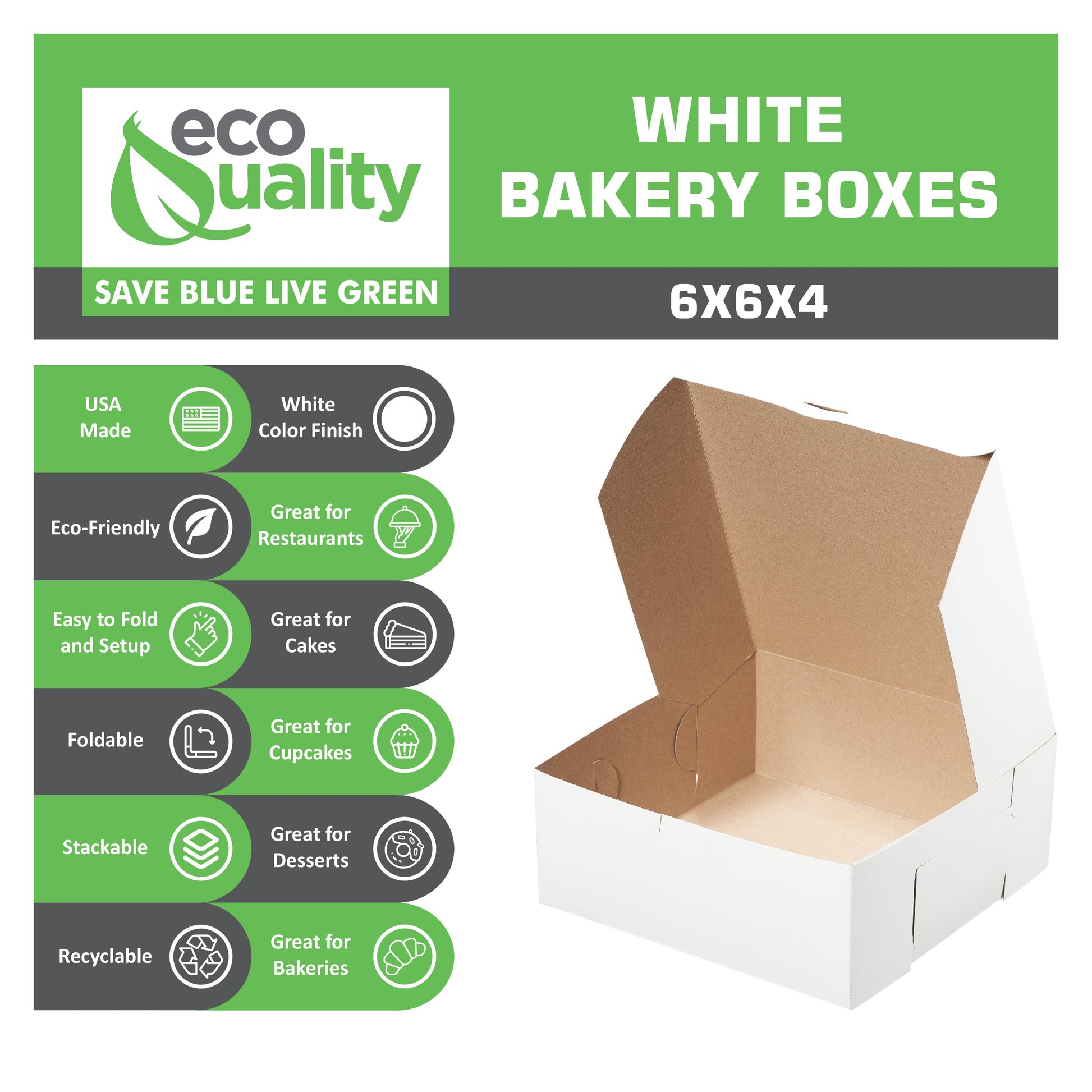 White Kraft Paperboard for Home or Retail  White Bakery Pastry Boxes  Restaurant Food Trucks Caterers take out sustainable  Recyclable for Pastries  Pies  Paper Cardboard  Gift Box  Ecofriendly  Cookies  Catering Restaurant Cafe Buffet Event Party  Cakes  Baby Shower  affordable bulk economical commercial wholesale  6 x 6 x 4 Inches