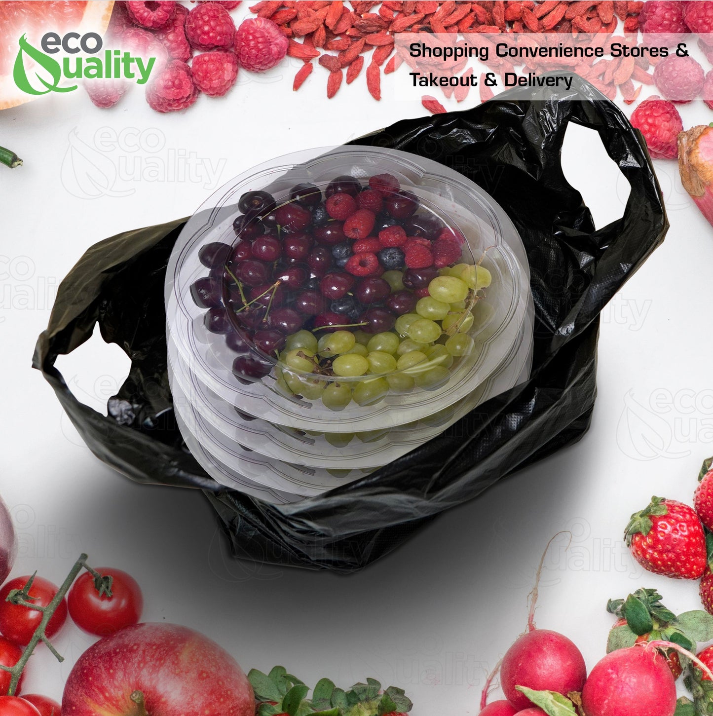 Small 1/10 Plastic Black T-Shirt Bags 8x16 inches, 13 Micron Reusable Recyclable Poly Shopping Bags