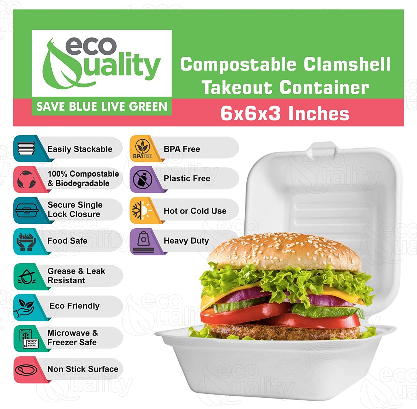 wax tree free Tree Free carryout leftover mealprep foam plastic alternative Grease and Leak Resistant Proof BPA Free Stackable Heavy Duty Microwaveable Freezer Safe burger box Square Hinged Clamshell Restaurants Parties Food Trucks Food Containers Ecofriendly Product Compostable Biodegradable Sugarcane Bagasse Clam Shell Take Out Containers 6x6x3 Take Out To Go Box