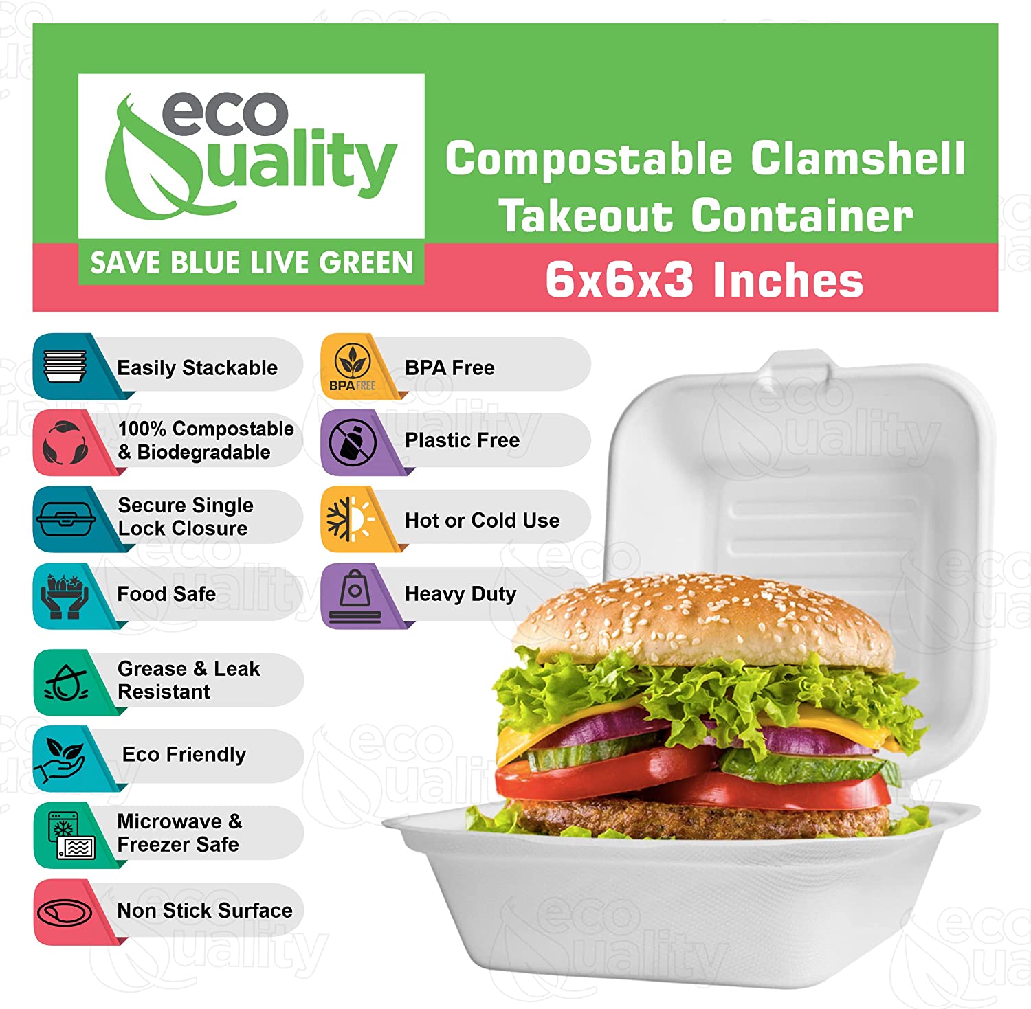wax tree free Tree Free carryout leftover mealprep foam plastic alternative Grease and Leak Resistant Proof BPA Free Stackable Heavy Duty Microwaveable Freezer Safe burger box Square Hinged Clamshell Restaurants Parties Food Trucks Food Containers Ecofriendly Product Compostable Biodegradable Sugarcane Bagasse Clam Shell Take Out Containers 6x6x3 Take Out To Go Box