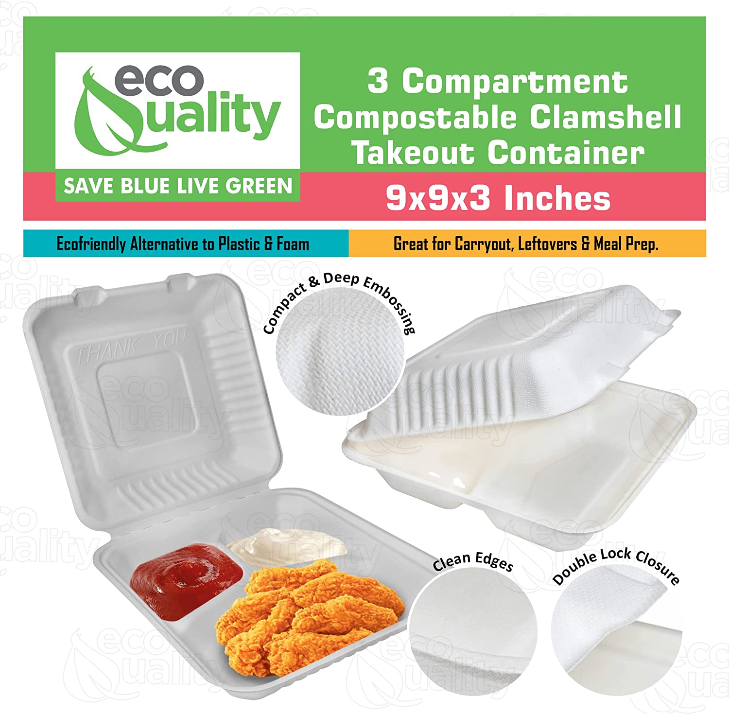 Rice Plates wax tree free Tree Free Stackable Square Hinged Clamshell Restaurants Parties Microwaveable Freezer Safe Heavy Duty Grease and Leak Resistant Proof Food Trucks Food Containers foam plastic alternative Ecofriendly Product Compostable Biodegradable Sugarcane Bagasse Clam Shell Take Out Containers carryout leftover mealprep burger box BPA Free 9x9x3 Take Out To Go Box 3 Compartment Online Store economical