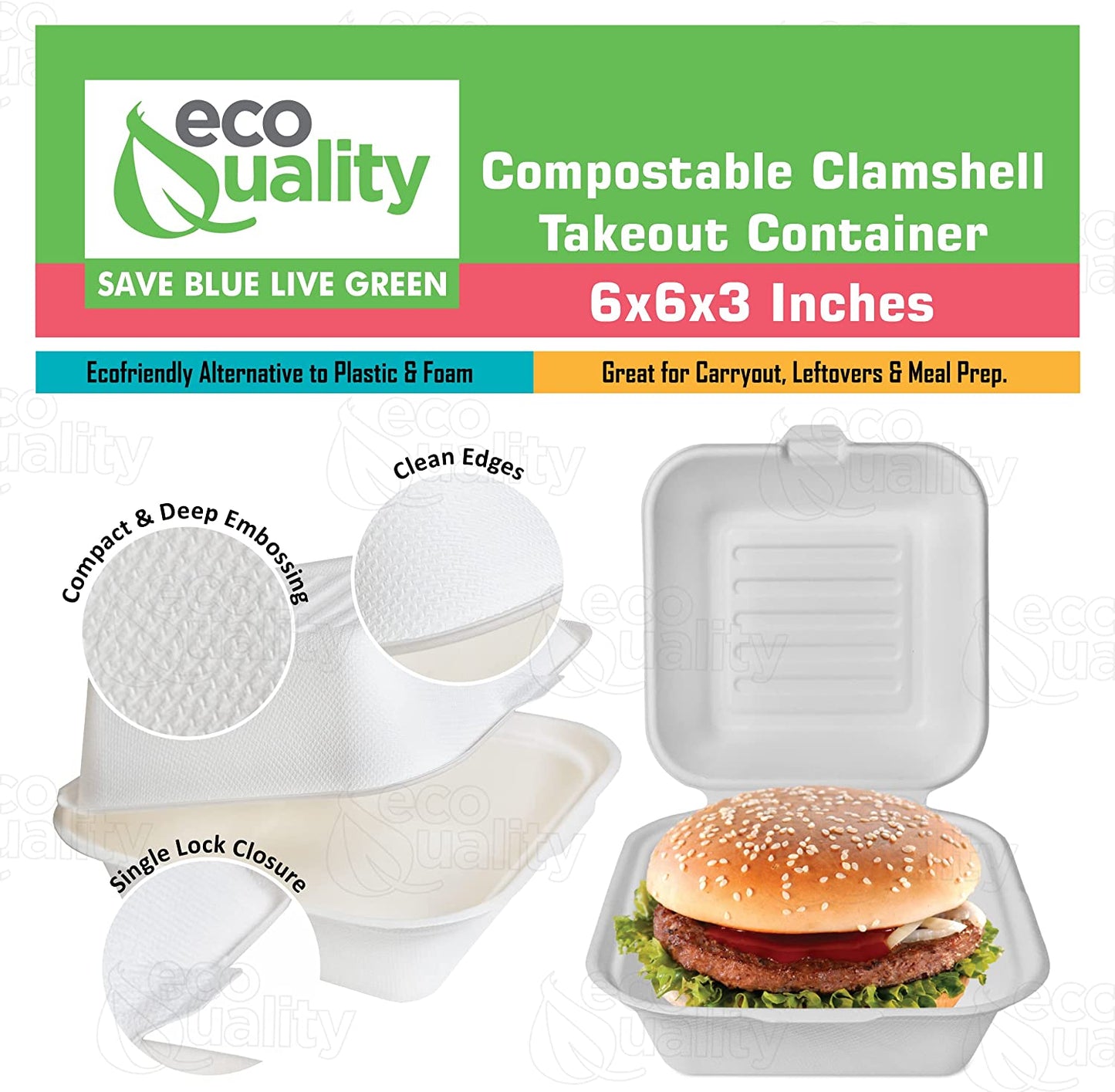 wax tree free Tree Free carryout leftover mealprep foam plastic alternative Grease and Leak Resistant Proof BPA Free Stackable Heavy Duty Microwaveable Freezer Safe burger box Square Hinged Clamshell Restaurants Parties Food Trucks Food Containers Ecofriendly Product Compostable Biodegradable Sugarcane Bagasse Clam Shell Take Out Containers 6x6x3 Take Out To Go Box hot or cold
